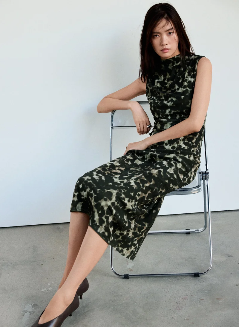 Mango 92-GRIS Printed Mesh Dress for Women | Best Price UAE