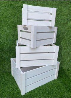 Set of 4 Wooden Storage Box with Handles Decorative Wooden Storage Crates Wood Boxes Rustic Farmhouse Style For Storage and Display Decorative Wooden Crates For Home White