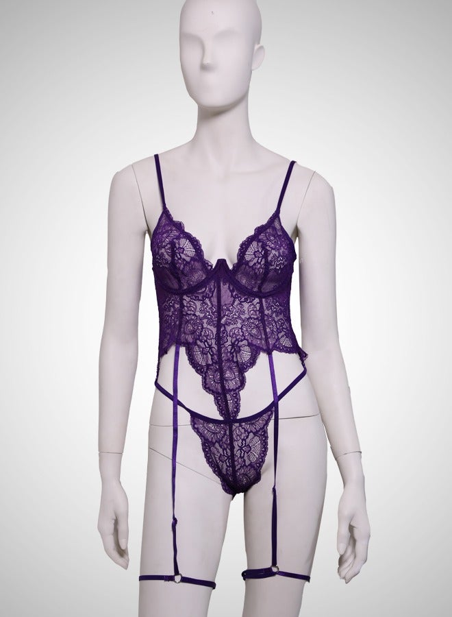 ovitio Purple Sheer Lingerie Set with Lace Details - Three Pieces - Image 1