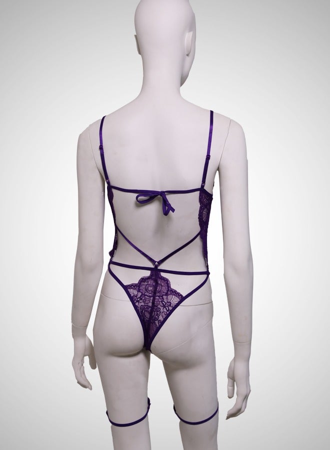 ovitio Purple Sheer Lingerie Set with Lace Details - Three Pieces - Image 2