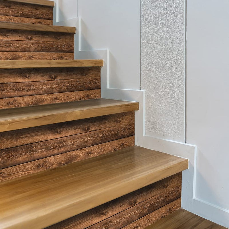 funlife 14 Strips Self Adhesive Stair Stickers, Peel and Stick Vinyl Stair Risers Staircase Murals Decals Sticker Decor for Steps, 39.37"x7.09", Faux Rustic Wood - Image 1