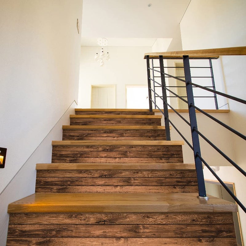 funlife 14 Strips Self Adhesive Stair Stickers, Peel and Stick Vinyl Stair Risers Staircase Murals Decals Sticker Decor for Steps, 39.37"x7.09", Faux Rustic Wood - Image 3