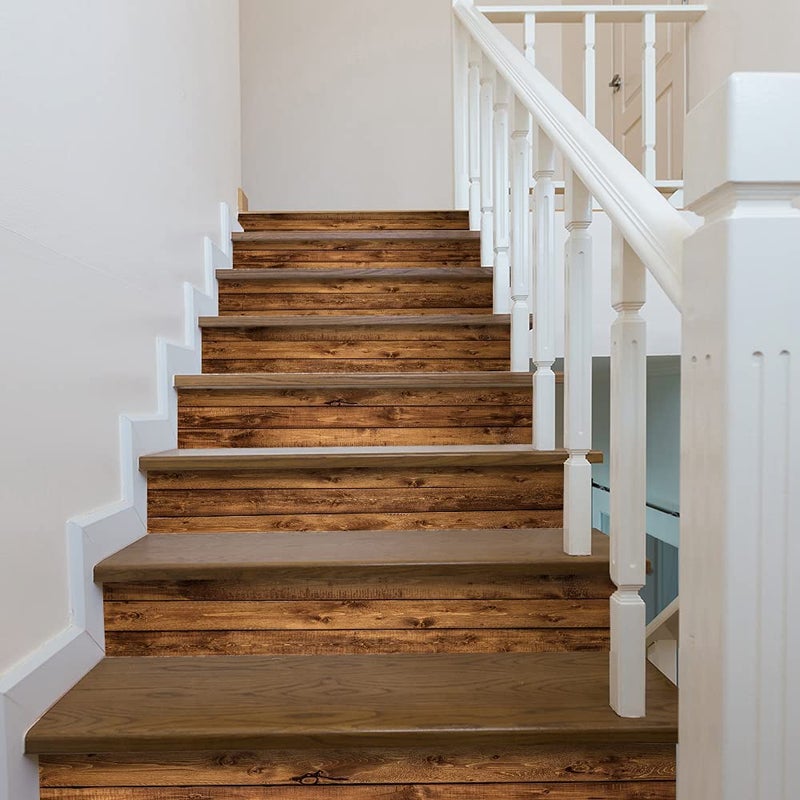 funlife 14 Strips Self Adhesive Stair Stickers, Peel and Stick Vinyl Stair Risers Staircase Murals Decals Sticker Decor for Steps, 39.37"x7.09", Faux Rustic Wood - Image 5
