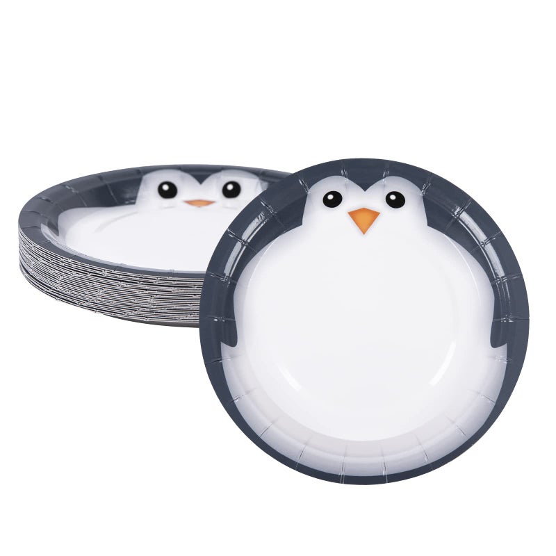 FIT Disposable Round Paper Plates, Biodegradable Eco Friendly Material Picnic Birthday Party Dinnerware, 25 Counts, Penguin - Image 1