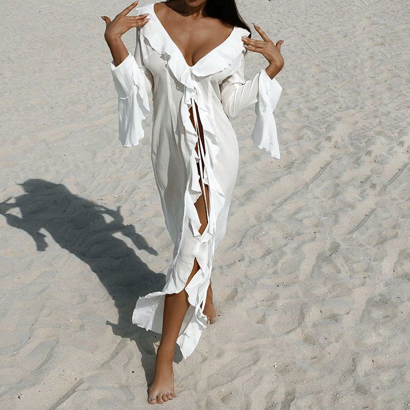 CME European and American Vacation Seaside Long-Sleeve Lace Cardigan Beach Dress Cover-Up - Image 3
