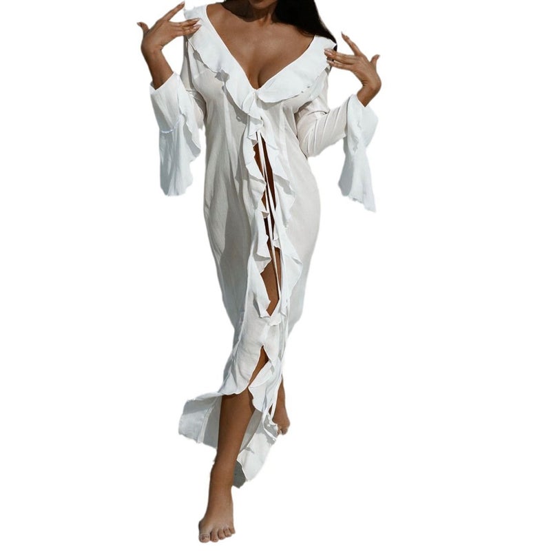 CME European and American Vacation Seaside Long-Sleeve Lace Cardigan Beach Dress Cover-Up - Image 2