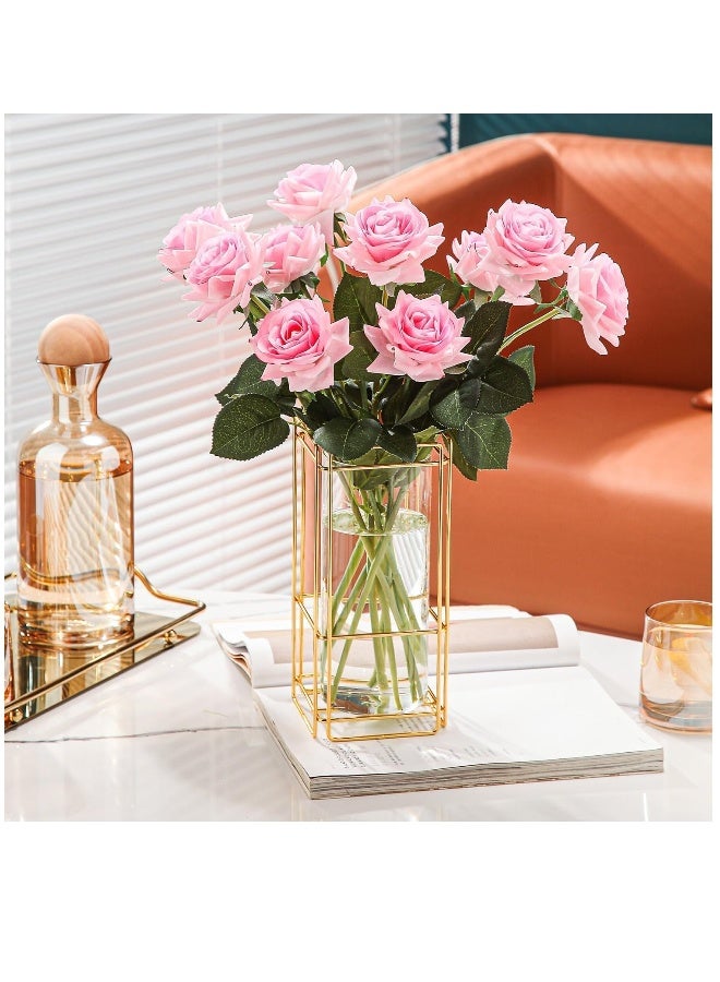 Glass Flower Vase Set of 2 for Living Room Bedroom 9.25'' Clear Hydroponic Plant Vases with Gold Metal Frame Stand 2 Pack Modern Classic Geometric Creative Home Office Decoration - Image 3