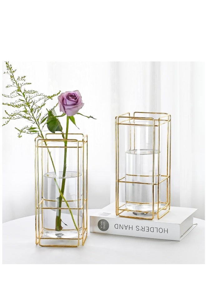 Glass Flower Vase Set of 2 for Living Room Bedroom 9.25'' Clear Hydroponic Plant Vases with Gold Metal Frame Stand 2 Pack Modern Classic Geometric Creative Home Office Decoration - Image 1