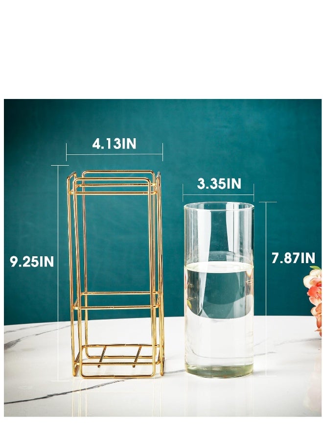 Glass Flower Vase Set of 2 for Living Room Bedroom 9.25'' Clear Hydroponic Plant Vases with Gold Metal Frame Stand 2 Pack Modern Classic Geometric Creative Home Office Decoration - Image 5