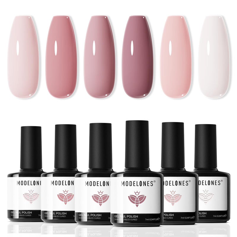 modelones Gel Nail Polish Set - 6 Colors Nude Pink Milky White Gel Polish Set Light Neutral Pink Nail Polish Barely Pink Soak Off LED Starter Kit Popular Nail Art DIY Manicure Gifts - Image 1