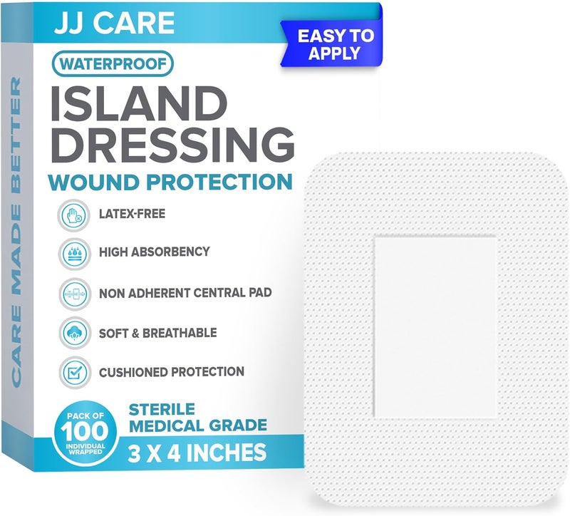 JJ CARE حزمة ضمادات جزيرة لاصقة مقاومة للماء من JJ CARE عدد 100 مقاس 3 × 4 مع حواف معقمة - Image 1