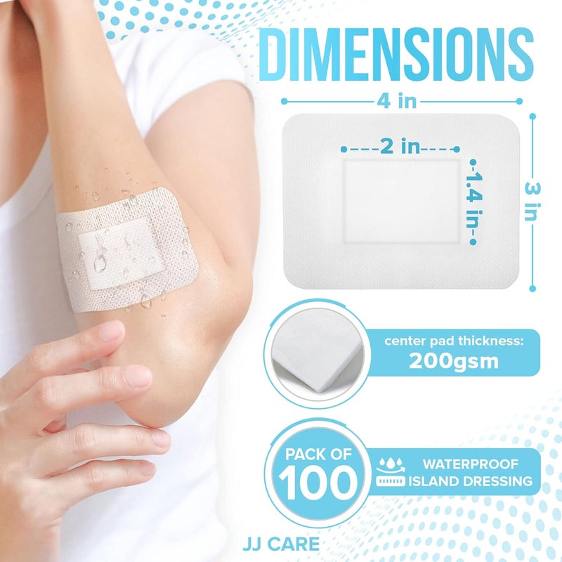 JJ CARE حزمة ضمادات جزيرة لاصقة مقاومة للماء من JJ CARE عدد 100 مقاس 3 × 4 مع حواف معقمة - Image 2