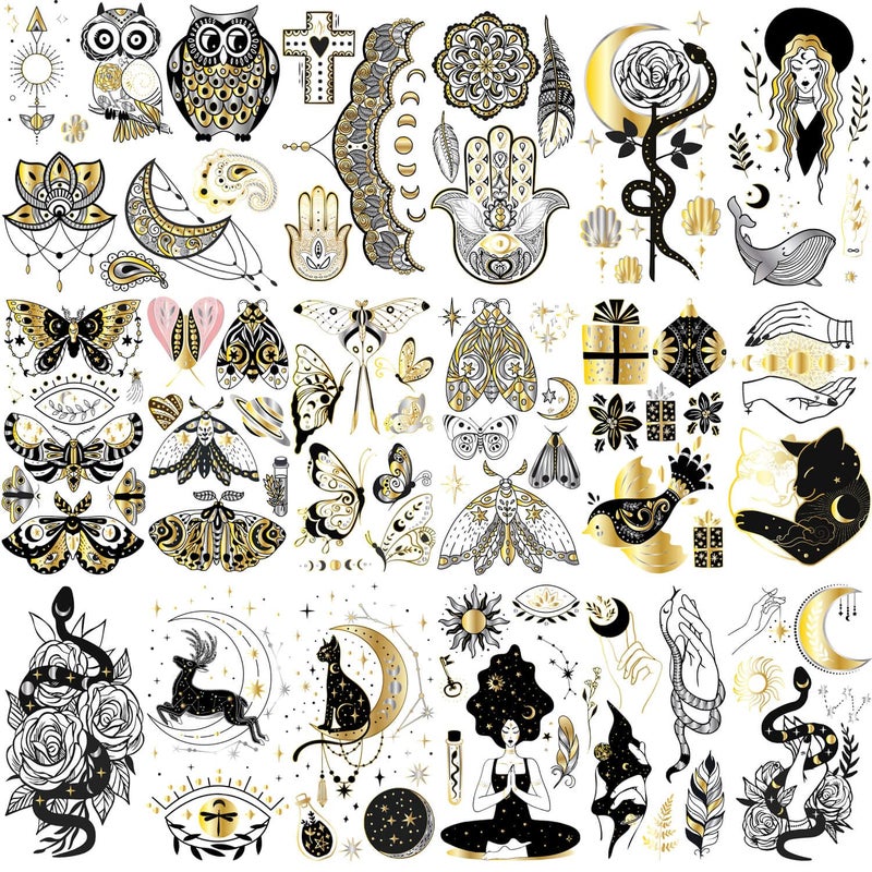 Glaryyears Metallic Gold Temporary Tattoo, 18-Pack Long-lasting Fake Tattoos, Small Size Variety Pack Realistic Tattoos, Bright Shiny Designs for Women Adults Men, Makeup on Face Body Hand Arm Neck - Image 1