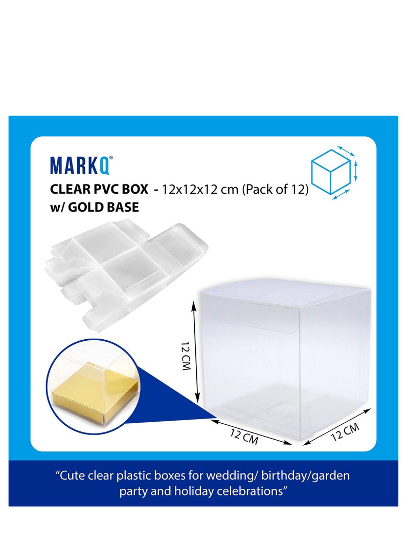 MARKQ صناديق هدايا شفافة مقاس 12 × 12 × 14 سم، 12 قطعة من صندوق شفاف من البولي فينيل كلوريد للهدايا والكعك والحلوى والبسكويت وحفلات الزفاف وحفلات استقبال المولود (قاعدة ذهبية) - Image 2
