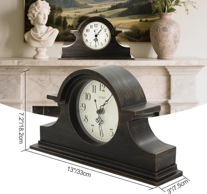 OCEST Vintage Farmhouse Mantel Clock - 13 x 7 Inch Quartz Gilt Finish Battery Operated, Contemporary Napoleon Classic Desk & Shelf Décor for Living Room Office Tabletop Bedside (Walnut Brown) - Image 4