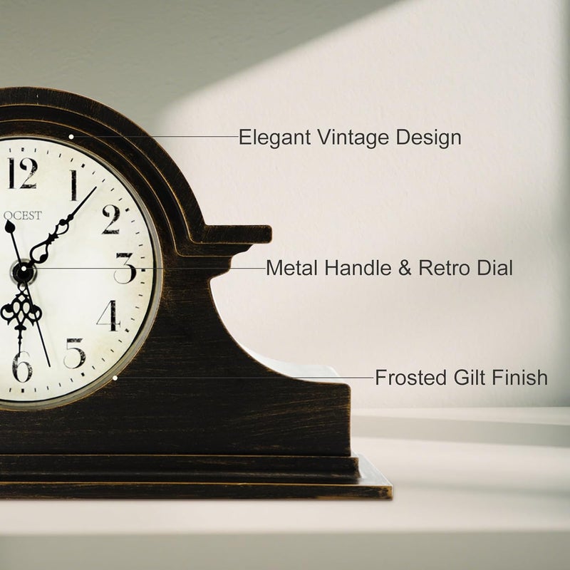 OCEST Vintage Farmhouse Mantel Clock - 13 x 7 Inch Quartz Gilt Finish Battery Operated, Contemporary Napoleon Classic Desk & Shelf Décor for Living Room Office Tabletop Bedside (Walnut Brown) - Image 3