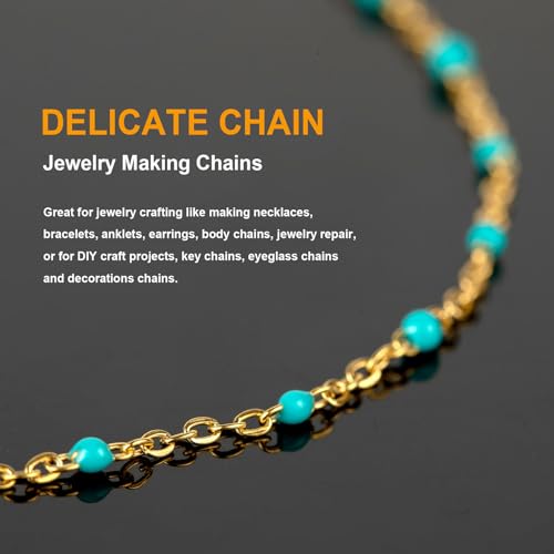 KYUNHOO 16.4 Feet Gold Plated Chain for Jewelry Making Turquoise Beaded Rosary Spool Stainless Steel Chains for Necklace Ankle Earring DIY Jewelry Findings - Image 4