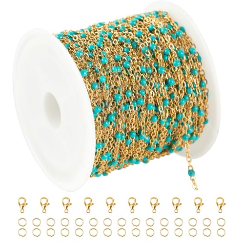 KYUNHOO 16.4 Feet Gold Plated Chain for Jewelry Making Turquoise Beaded Rosary Spool Stainless Steel Chains for Necklace Ankle Earring DIY Jewelry Findings - Image 1