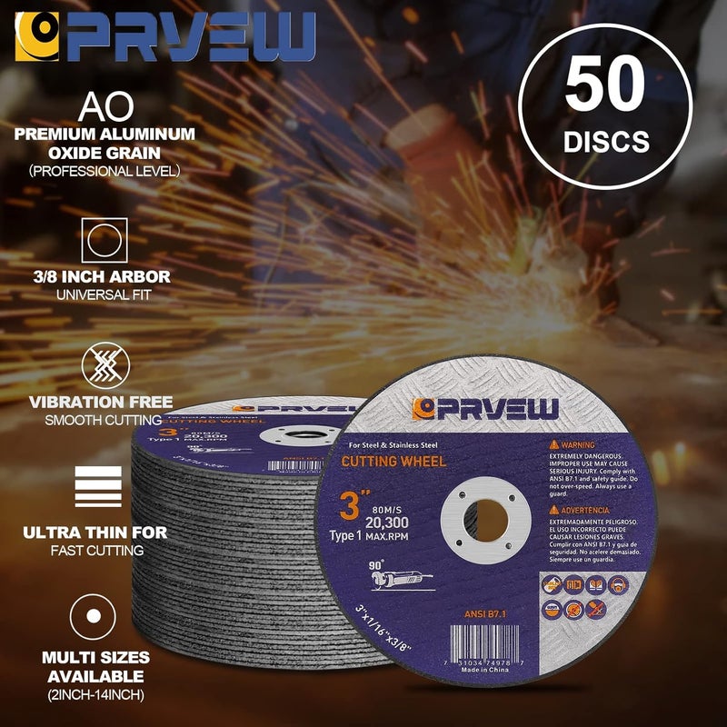 PRVEW 50-Pack 3-Inch Cut Off Wheels,3"x1/16"x3/8" Quality Cutting Disc, Metal & Stainless Steel Aggressive Cutting Wheel for Die Grinder, General Purpose Cut-Off Wheel(3-Inch) Globally trusted quality - Image 3