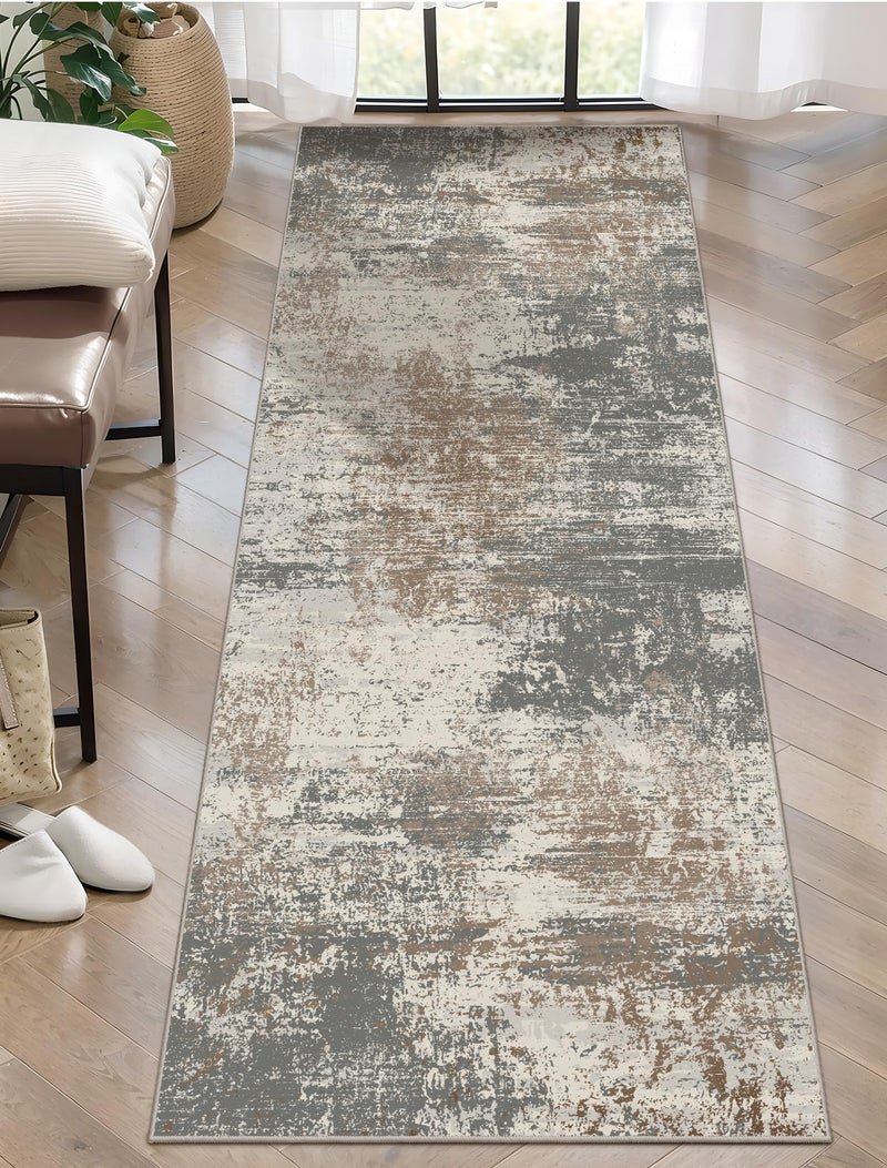 Ciicool 2x6 Washable Runner Rug, Modern Abstract Hallway Rugs Runner, Non-Slip Thin Accent Rug Lightweight Gray Brown Print Distressed Carpet for Laundry Entryway Bedroom Kitchen Bathroom Indoor - Image 1