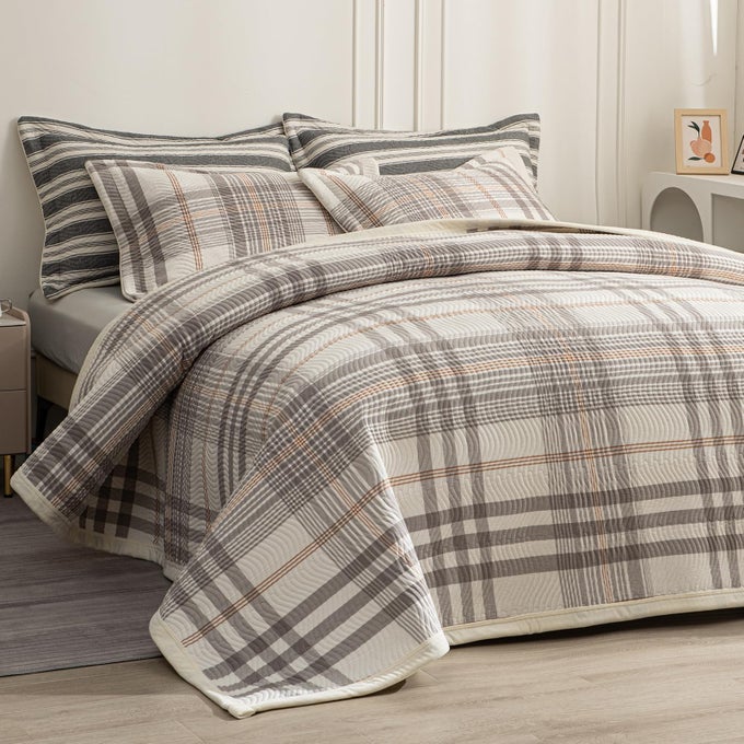 COTTON PLAID QUILT SET ULTRA SOFT 3 PIECES QUEEN SIZE BEDDING WITH 2 PILLOW SHAMS LIGHTWEIGHT REVERSIBLE COVERLET BEDSPREAD WITH WAVE QUILTING FOR SUMMER 90X96 GRIDGREY WHITE