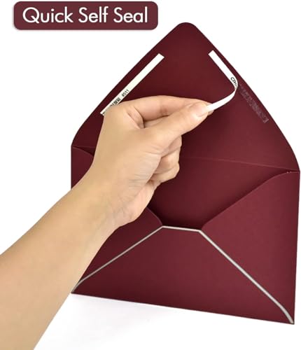 AZAZA A7 Burgundy Envelopes 5 x 7 With Silver Border - V flap, Quick Self Seal, | Perfect for 5x7 Cards, Weddings, Invitations, Graduation, Baby Shower | 5.25" x 7.25" | 50 Pack (Burgundy-Silver Border) - Image 4
