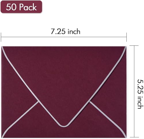 AZAZA A7 Burgundy Envelopes 5 x 7 With Silver Border - V flap, Quick Self Seal, | Perfect for 5x7 Cards, Weddings, Invitations, Graduation, Baby Shower | 5.25" x 7.25" | 50 Pack (Burgundy-Silver Border) - Image 3
