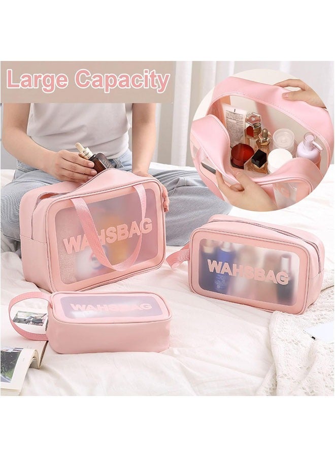 حقيبة مستحضرات التجميل، مجموعة من 3 قطع من حقيبة أدوات الزينة وحقيبة المكياج وحقيبة السفر لمستلزمات التجميل، حقائب أدوات الزينة المحمولة للنساء المسافرات، حقيبة مكياج شفافة مقاومة للماء للسفر والحمام (وردي) - Image 2