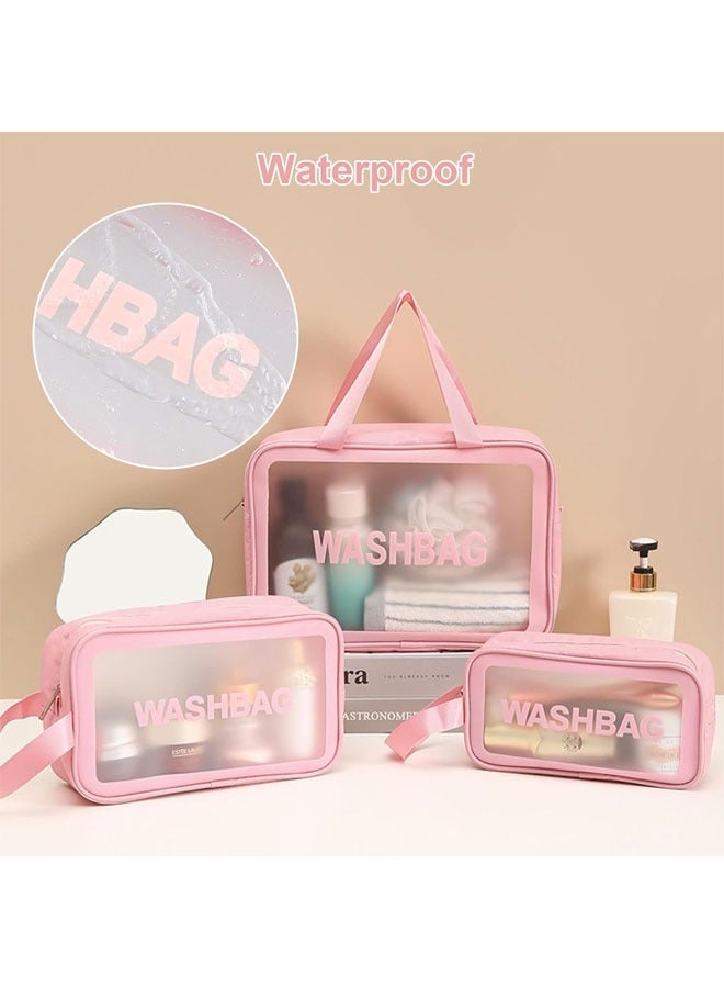 حقيبة مستحضرات التجميل، مجموعة من 3 قطع من حقيبة أدوات الزينة وحقيبة المكياج وحقيبة السفر لمستلزمات التجميل، حقائب أدوات الزينة المحمولة للنساء المسافرات، حقيبة مكياج شفافة مقاومة للماء للسفر والحمام (وردي) - Image 3