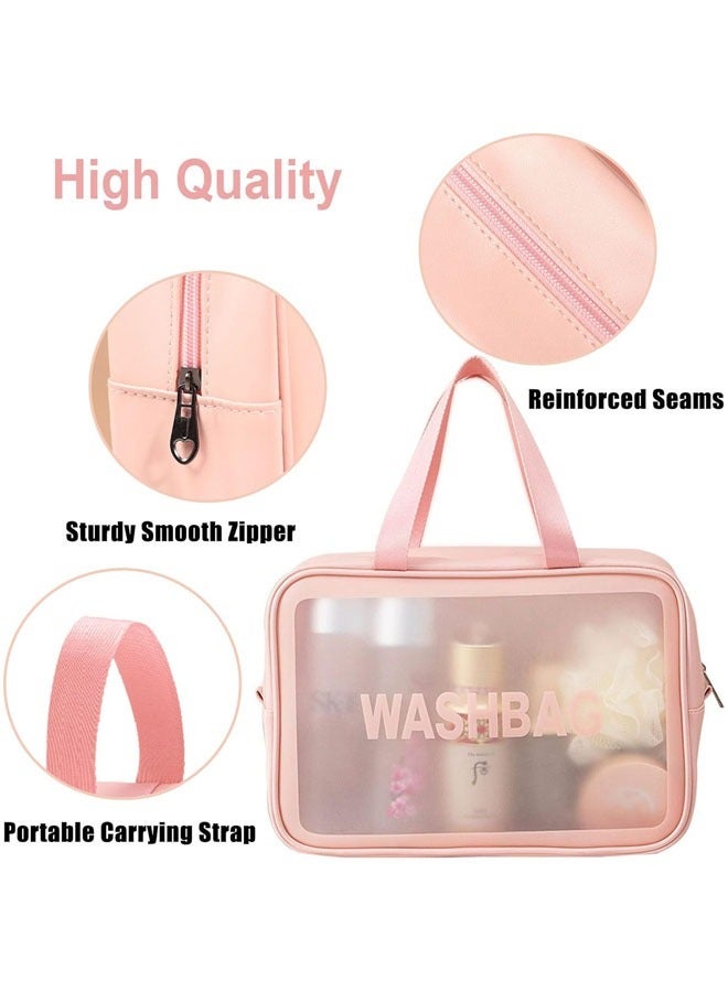 حقيبة مستحضرات التجميل، مجموعة من 3 قطع من حقيبة أدوات الزينة وحقيبة المكياج وحقيبة السفر لمستلزمات التجميل، حقائب أدوات الزينة المحمولة للنساء المسافرات، حقيبة مكياج شفافة مقاومة للماء للسفر والحمام (وردي) - Image 4