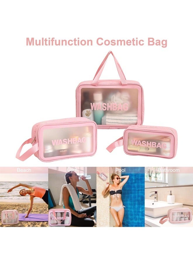 حقيبة مستحضرات التجميل، مجموعة من 3 قطع من حقيبة أدوات الزينة وحقيبة المكياج وحقيبة السفر لمستلزمات التجميل، حقائب أدوات الزينة المحمولة للنساء المسافرات، حقيبة مكياج شفافة مقاومة للماء للسفر والحمام (وردي) - Image 5