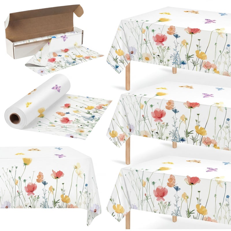 Tudomro 54 Inch x 100 ft Floral Tablecloth Roll, Spring Party Supplies, Waterproof Disposable Wildflower and Butterfly Cuttable Plastic Table Cover for Tea Birthday Wedding Babyshower Party Decoration - Image 1