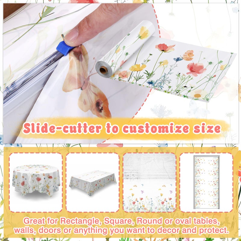 Tudomro 54 Inch x 100 ft Floral Tablecloth Roll, Spring Party Supplies, Waterproof Disposable Wildflower and Butterfly Cuttable Plastic Table Cover for Tea Birthday Wedding Babyshower Party Decoration - Image 4