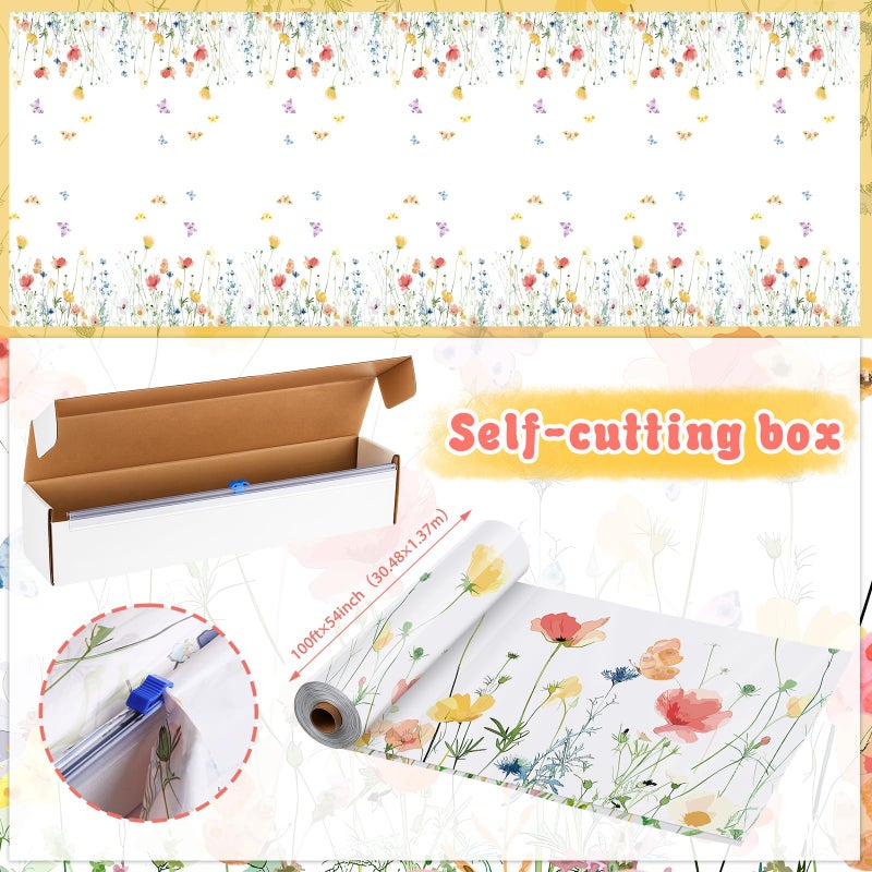 Tudomro 54 Inch x 100 ft Floral Tablecloth Roll, Spring Party Supplies, Waterproof Disposable Wildflower and Butterfly Cuttable Plastic Table Cover for Tea Birthday Wedding Babyshower Party Decoration - Image 2