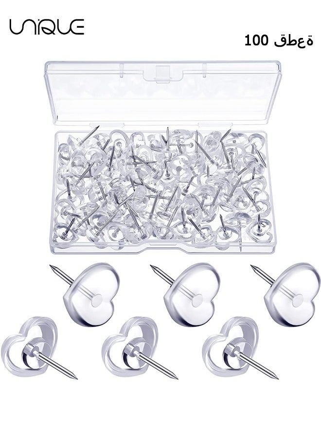 Unique - (100 Pieces) Heart Clear Push Pins for Cork Board, Transparent Heart Shaped Thumb Tacks Plastic Decorative Push Pins for Posters, Office, Photo Maps, School, Classroom Supplies - Image 1