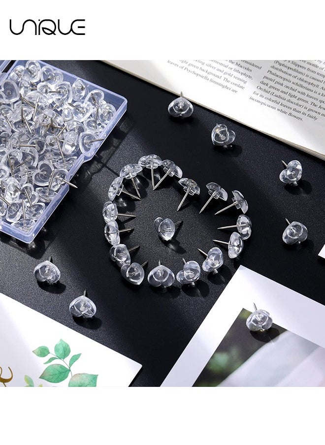 Unique - (100 Pieces) Heart Clear Push Pins for Cork Board, Transparent Heart Shaped Thumb Tacks Plastic Decorative Push Pins for Posters, Office, Photo Maps, School, Classroom Supplies - Image 1