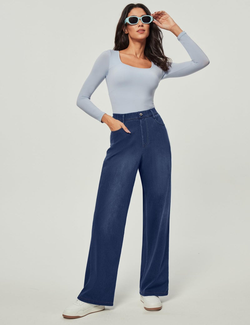 IUGA Wide Leg Jeans Woman Stretchy Sweatpant Jeans Women Pull On Baggy Jean High Waisted Trendy Straight Casual Denim Pants Dark Blue - Image 2