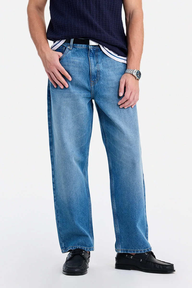 سنيتش Blue Solid Loose Fit Streetwear Jeans