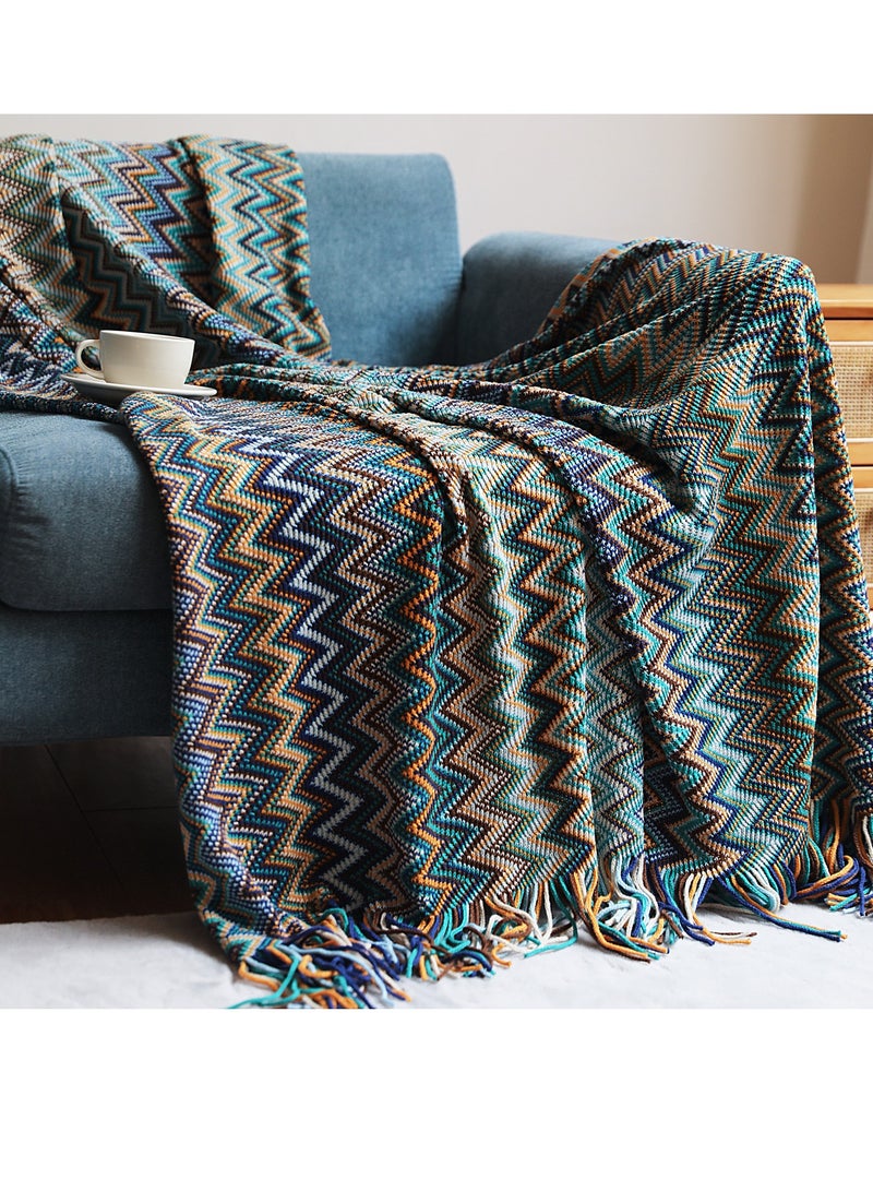 Loquat Tassel Design Bohemian Style Knitted Soft Throw Blanket Keep Warm Blue Mix - Image 1