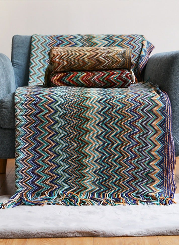 Loquat Tassel Design Bohemian Style Knitted Soft Throw Blanket Keep Warm Blue Mix - Image 2