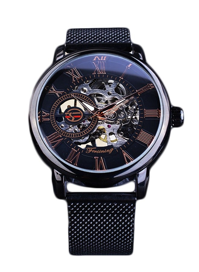 FORSINING ​​Forsining Men's Fashion Mechanical Watch - Black Case with Rose Gold-Tone Markers, Skeleton Dial Design, Business Casual Style for Daily Wear & Formal Occasions​​  - Image 1