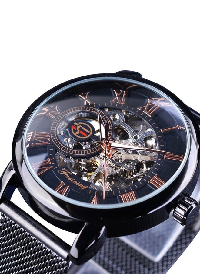 FORSINING ​​Forsining Men's Fashion Mechanical Watch - Black Case with Rose Gold-Tone Markers, Skeleton Dial Design, Business Casual Style for Daily Wear & Formal Occasions​​  - Image 2