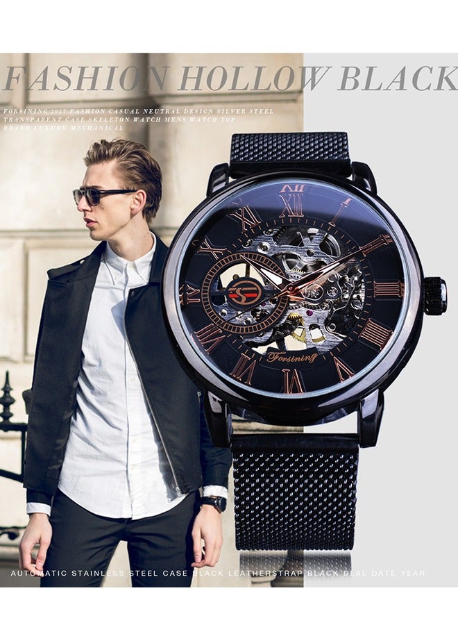 FORSINING ​​Forsining Men's Fashion Mechanical Watch - Black Case with Rose Gold-Tone Markers, Skeleton Dial Design, Business Casual Style for Daily Wear & Formal Occasions​​  - Image 3