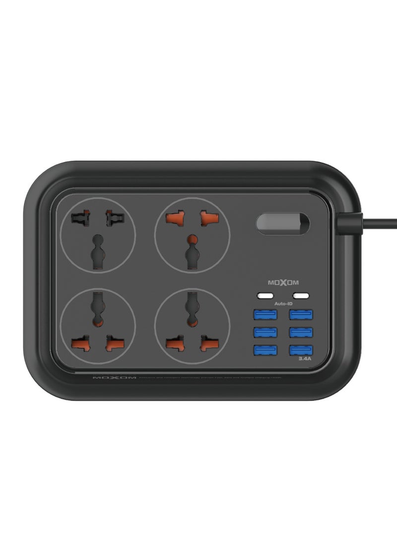 MOXOM Power Strip with 4 Anti Static Sockets, 6 USB, 2 Type C Ports, 2 Meter Length, Black MX-ST06  - Image 2