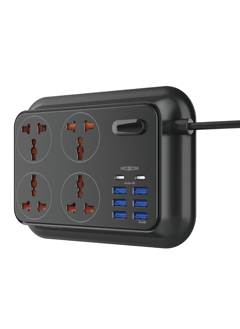 MOXOM Power Strip with 4 Anti Static Sockets, 6 USB, 2 Type C Ports, 2 Meter Length, Black MX-ST06  - Image 4
