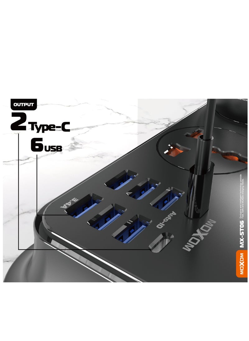 MOXOM Power Strip with 4 Anti Static Sockets, 6 USB, 2 Type C Ports, 2 Meter Length, Black MX-ST06  - Image 3