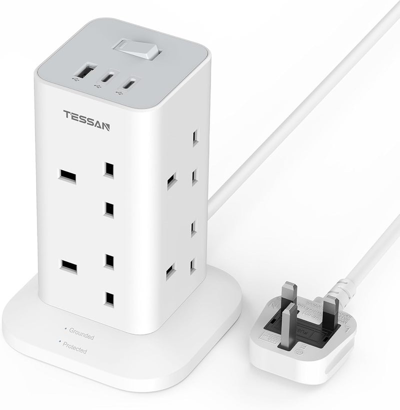 تيسان مقبس تمديد برجي بطول 10 أمتار مع 3 منافذ USB، مقبس متعدد 8 طرق من مع كابل طويل، شريط طاقة محمي من التيار الزائد مع مفتاح، للاستخدام المنزلي والمستلزمات المدرسية - Image 1