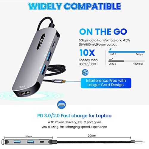 Verilux® USB C HUB 4 in 1 USB C to HDMI Adapter with 4K@30Hz HDMI, 2.0/3.0 USB Adapter Multiple Port, PD 100W & USB C Data Port USB Type C Hub for Laptop, MacBook Pro Air 20CM USB Hub Long Cable - Image 2