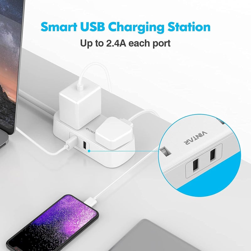 VINTAR [1-pack] Extension Lead with USB Slots, Power Strip with 2 Way Outlets 2 USB Slots(13A/3250W), Plug Extension Socket with 1.8M Extension Cord for Home Office- White - Image 3