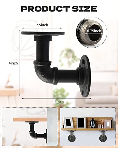 MUZIK 4 Pack Pipe Floating Shelf Bracket Heavy Duty, Black L Pipes Shelf Brackets Iron Shelving Brackets for Shelves - Vintage DIY Pipe Shelf (4*4 Inch) - Image 2